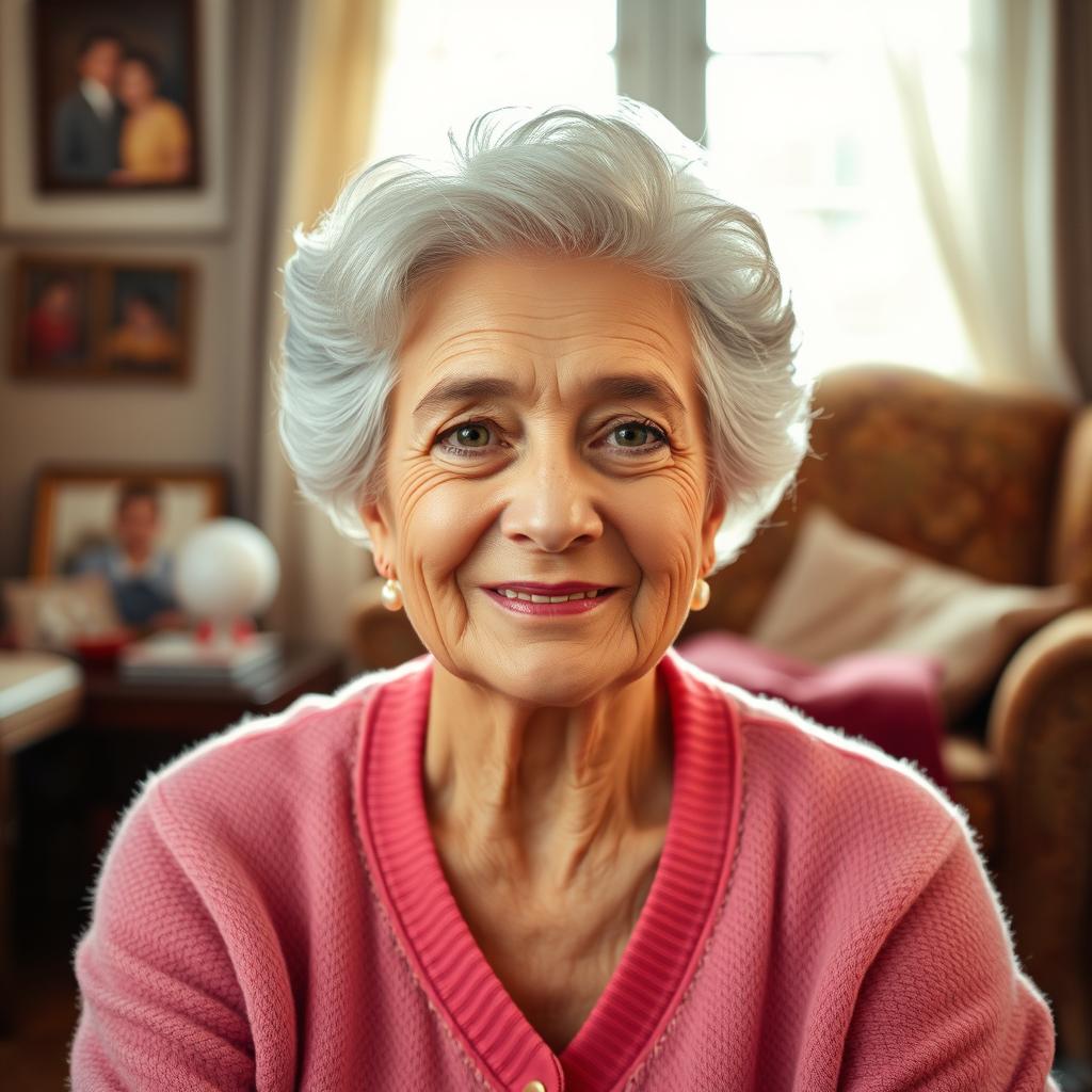 A warm and inviting portrait of a grandmother with silver hair styled elegantly, sitting in a cozy living room