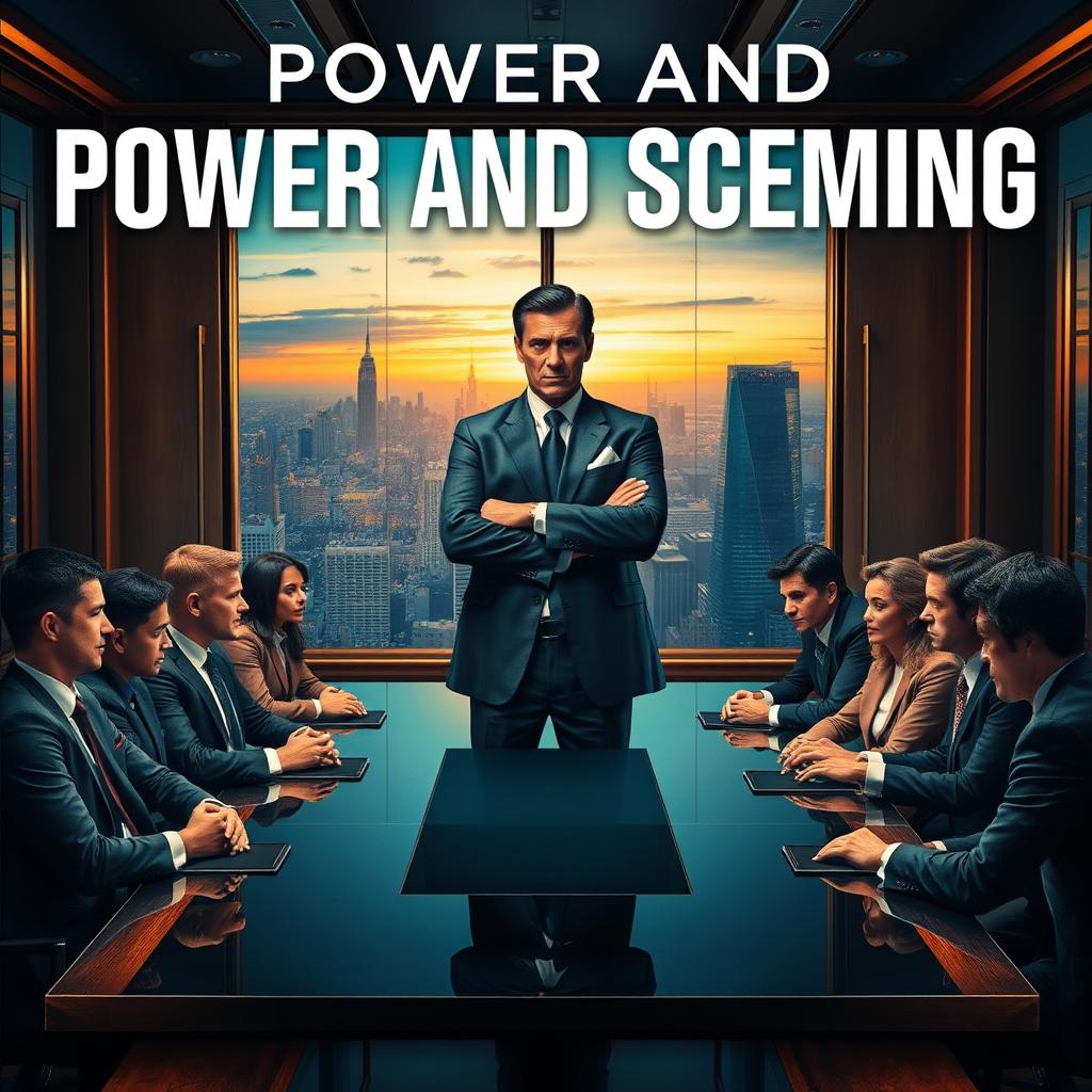 An eye-catching book cover for 'Power and Scheming', featuring a dramatic scene set in a luxurious boardroom