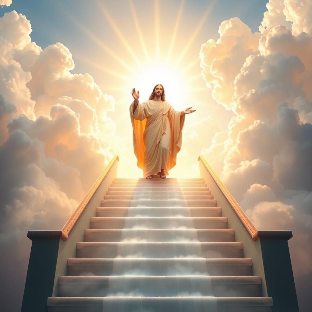 A majestic depiction of Jesus ascending a grand staircase leading to the heavens
