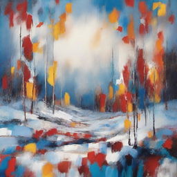 Imagine an abstract art painting that captures winter's essence. The canvas is dominated by shades of cool blues and whites, with bursts of vibrant reds and oranges, simulating a crackling fire against the frigid winter landscape.