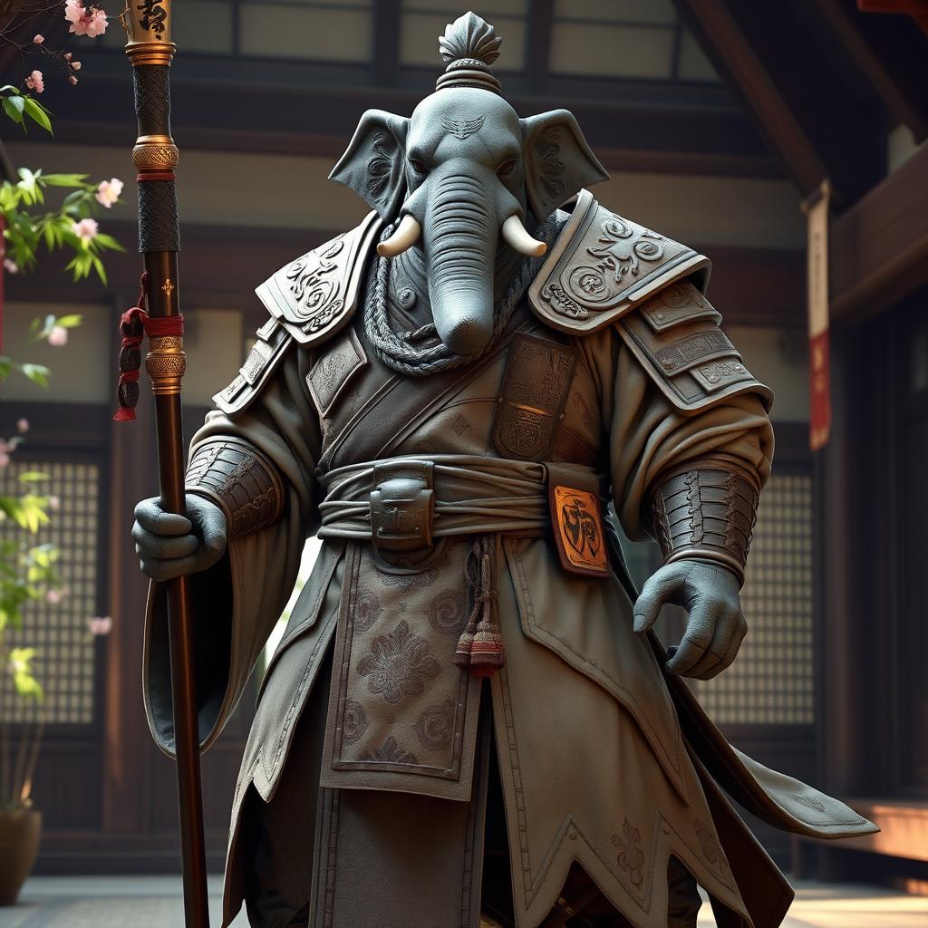A formidable male Loxodon monk embodying the Way of the Kensei, fully attired in intricate robe armor that blends traditional monk aesthetics with functional protection
