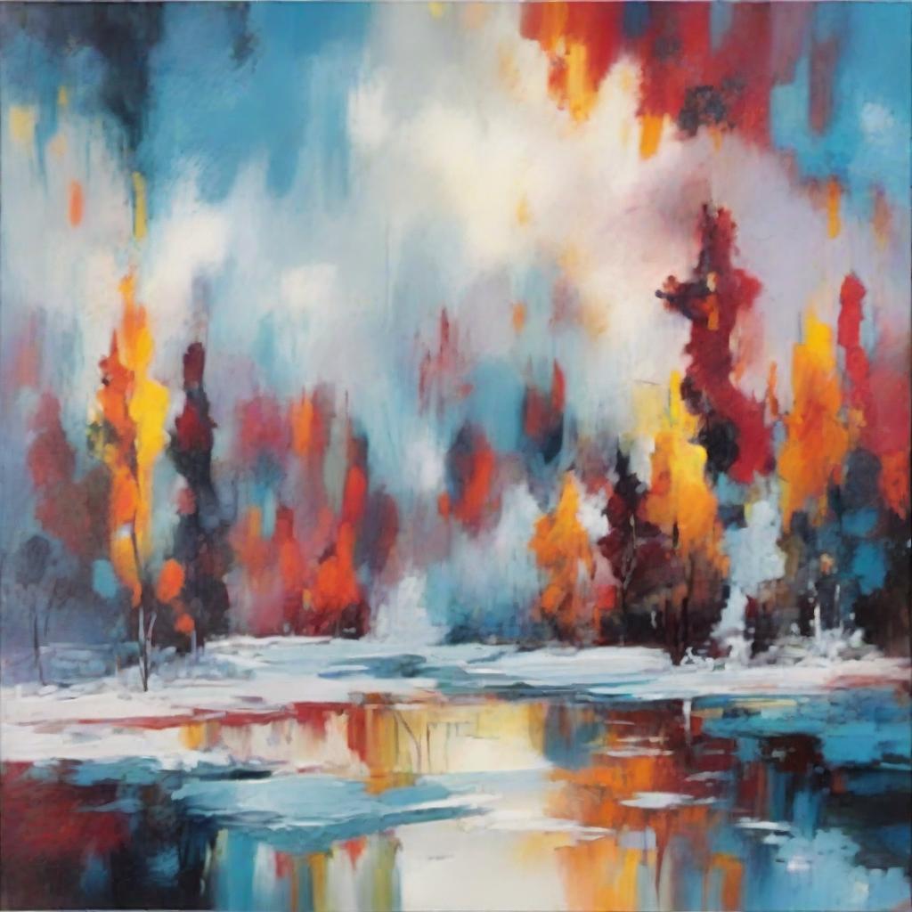 Imagine an abstract art painting that captures winter's essence. The canvas is dominated by shades of cool blues and whites, with bursts of vibrant reds and oranges, simulating a crackling fire against the frigid winter landscape.