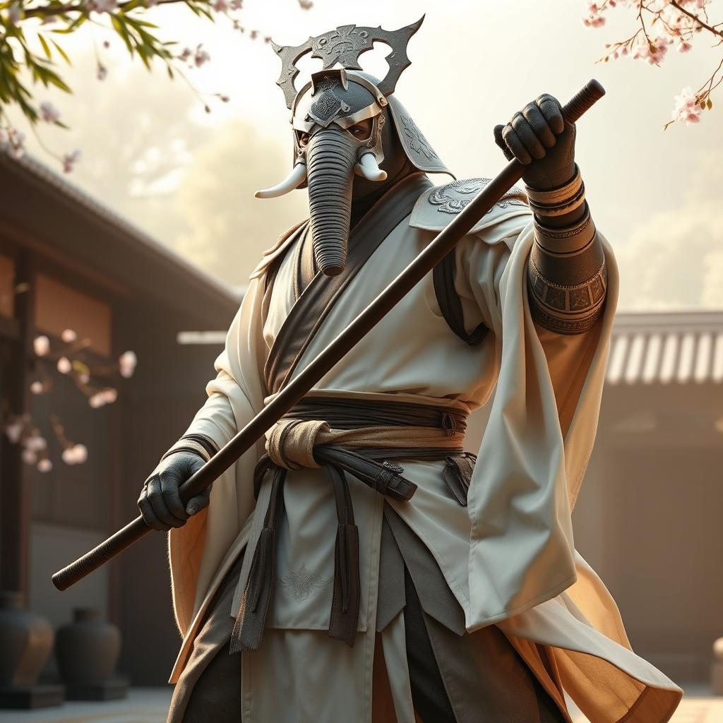 A powerful male Loxodon monk embodying the Way of the Kensei, fully adorned in elegant white or sand-colored robe armor that combines traditional motifs with modern martial functionality