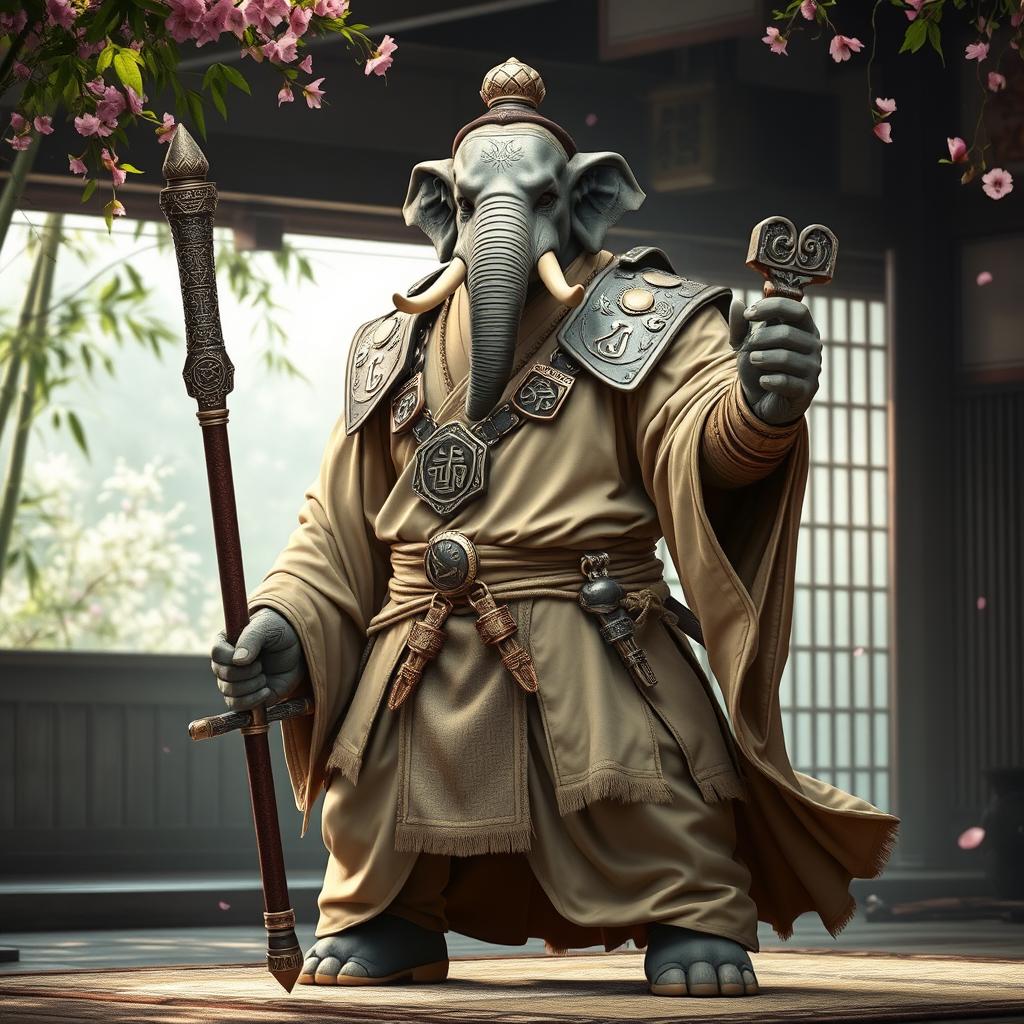 A powerful male Loxodon monk embodying the Way of the Kensei, fully clad in sand-colored robe armor that intricately melds traditional aesthetics with practical martial functionality