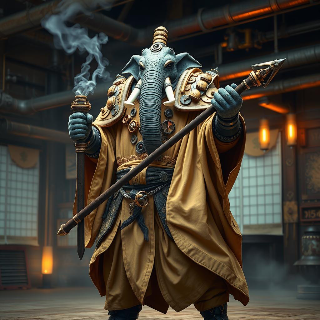 A male Loxodon monk embodying the Way of the Kensei, clad in elaborate sand-colored robe armor that fuses traditional monk aesthetics with steampunk elements