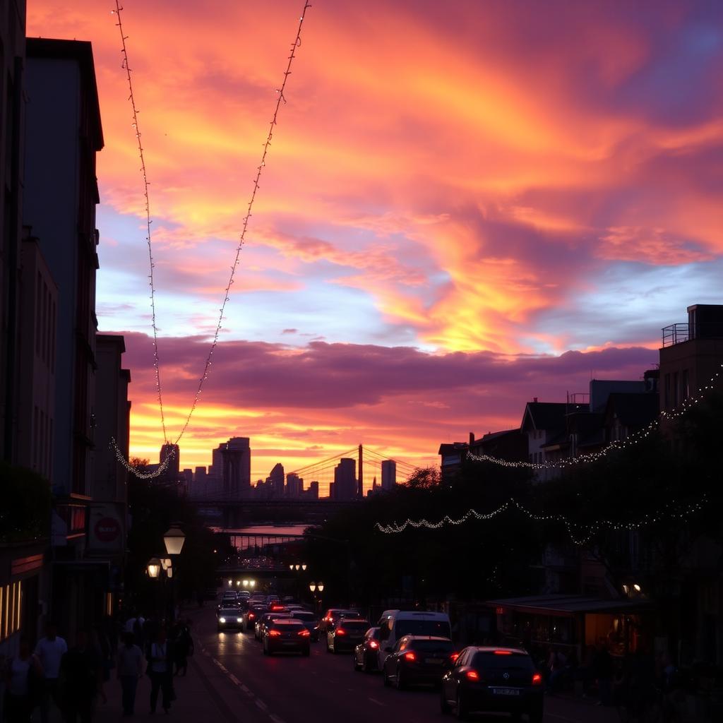 A beautiful urban sunset scene at 8 PM, featuring a vibrant city skyline silhouetted against a dramatic sky filled with hues of orange, pink, and purple as the sun dips below the horizon