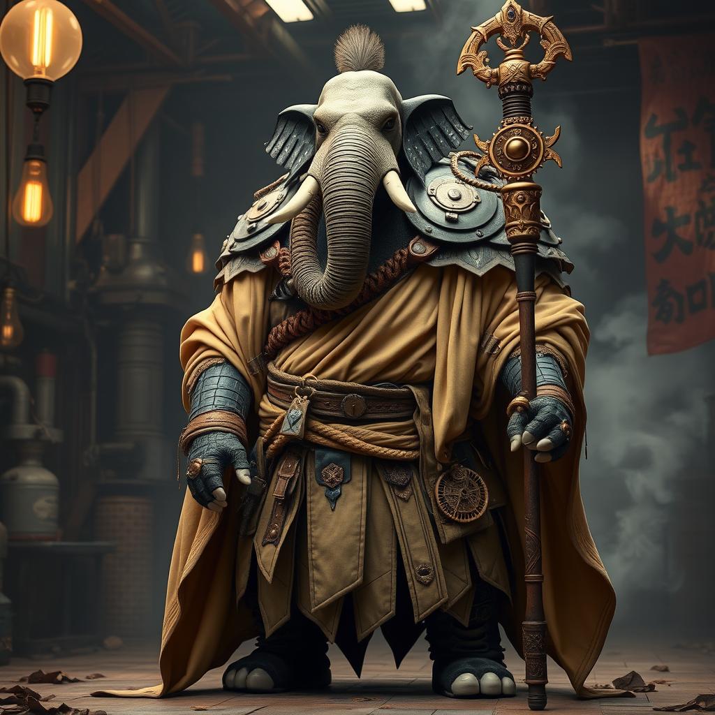 A male Loxodon monk representing the Way of the Kensei, fully adorned in intricate sand-colored robe armor that seamlessly integrates traditional monk attire with a striking steampunk style