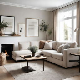 A cozy, well-lit living room featuring a plush L-shaped sofa.