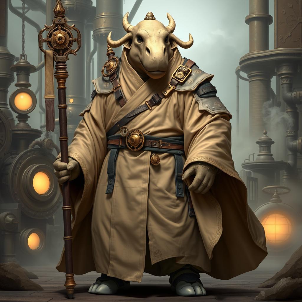 A male Loxodon monk representing the Way of the Kensei, dressed in stunning sand-colored robe armor that expertly blends traditional monk attire with a distinctive steampunk style