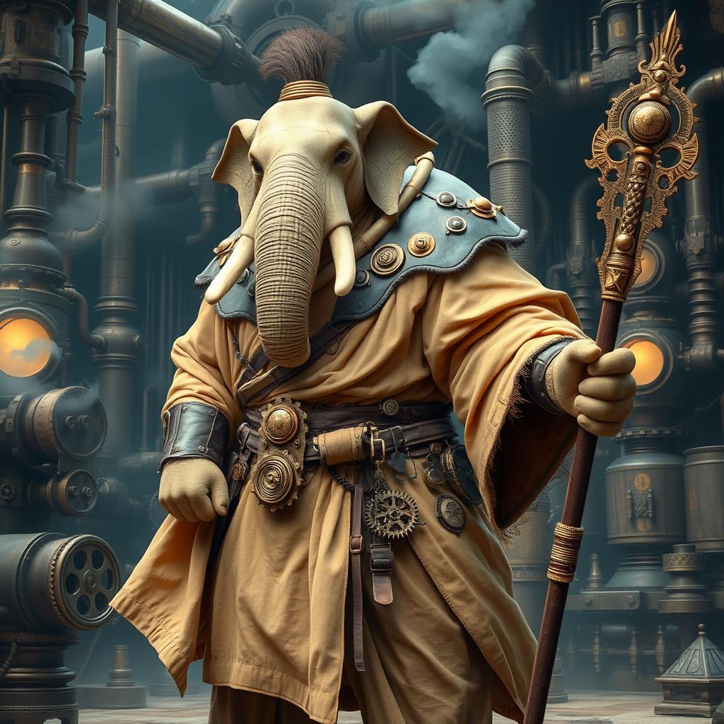 A male Loxodon monk embodying the Way of the Kensei, clad in spectacular sand-colored robe armor that artistically merges traditional monk clothing with a captivating steampunk flair