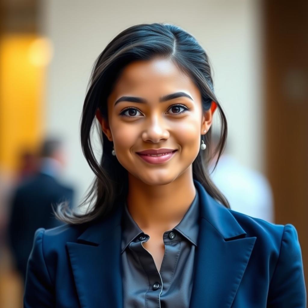 A portrait of a young adult woman in formal attire, featuring a tailored blazer and a sophisticated blouse