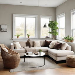 A cozy, well-lit living room featuring a plush L-shaped sofa.