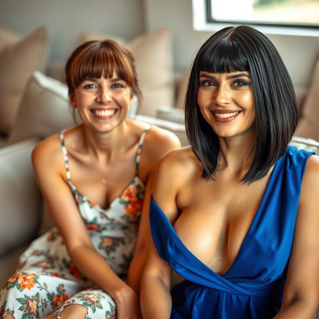 A warm and inviting indoor scene featuring a 30-year-old Armenian woman with brunette hair styled in bangs, wearing a beautiful sundress, sitting on a stylish couch