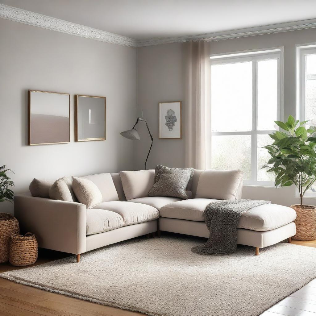 A cozy, well-lit living room featuring a plush L-shaped sofa.