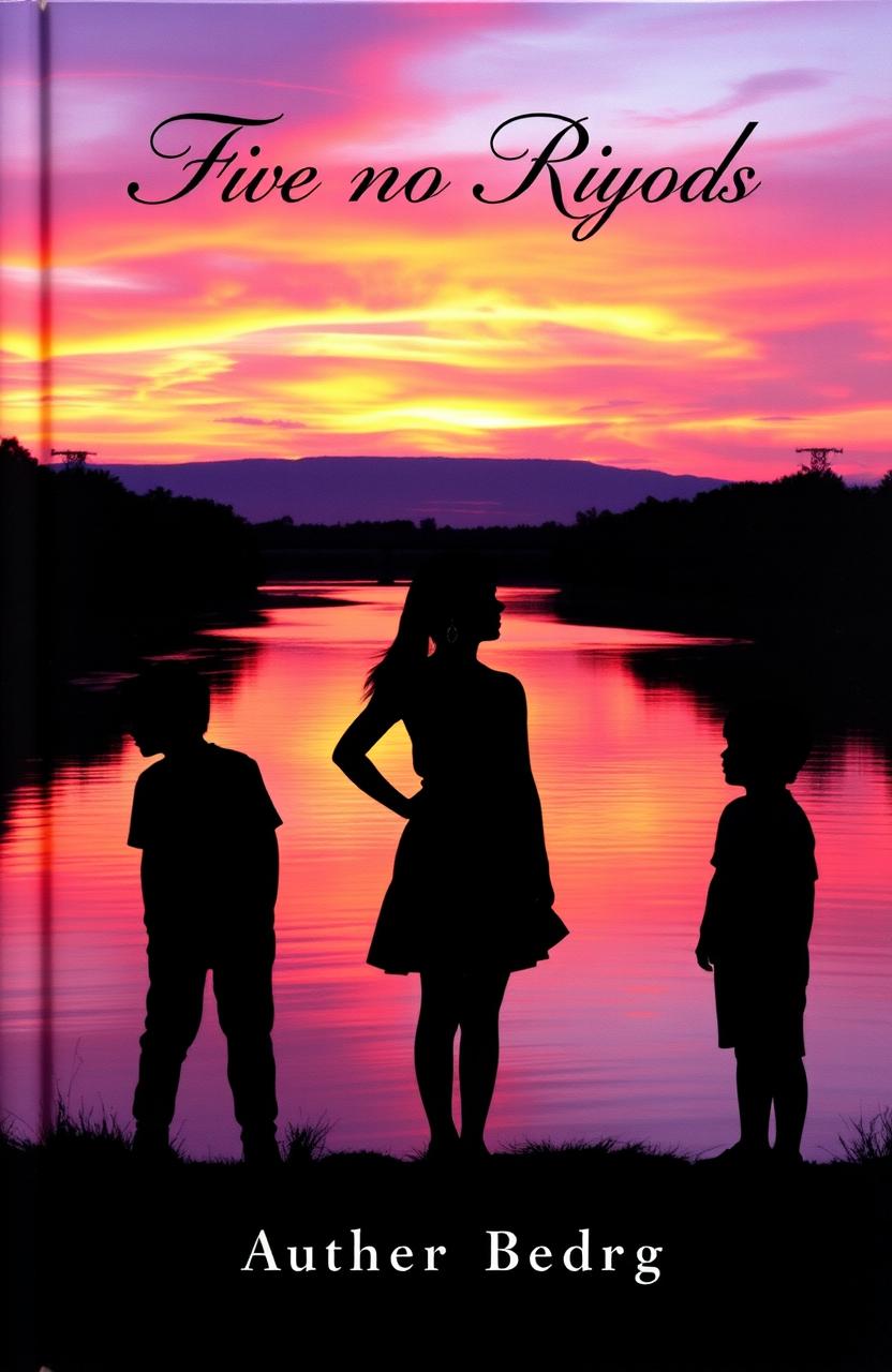 A captivating book cover featuring a serene river at sunset, with vibrant hues of orange, pink, and purple reflecting off the water