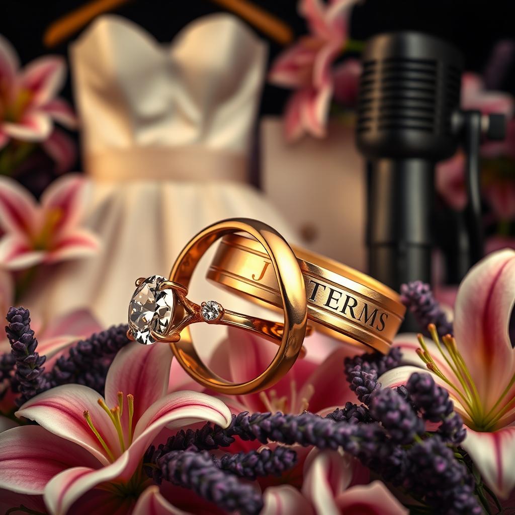 An elegant display of two intertwined rings: one ring is crafted from brilliant gold, featuring a stunning large diamond along with several small accent diamonds, while the second ring is a bold, wide band carved with a distinctive 'J' engraving