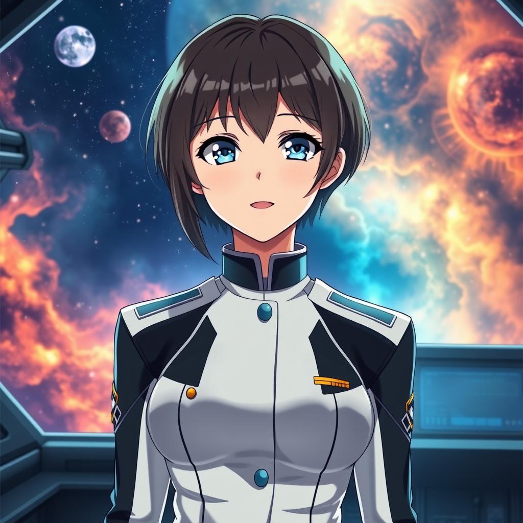 A female anime character with short hair, dressed in a sleek fleet officer uniform