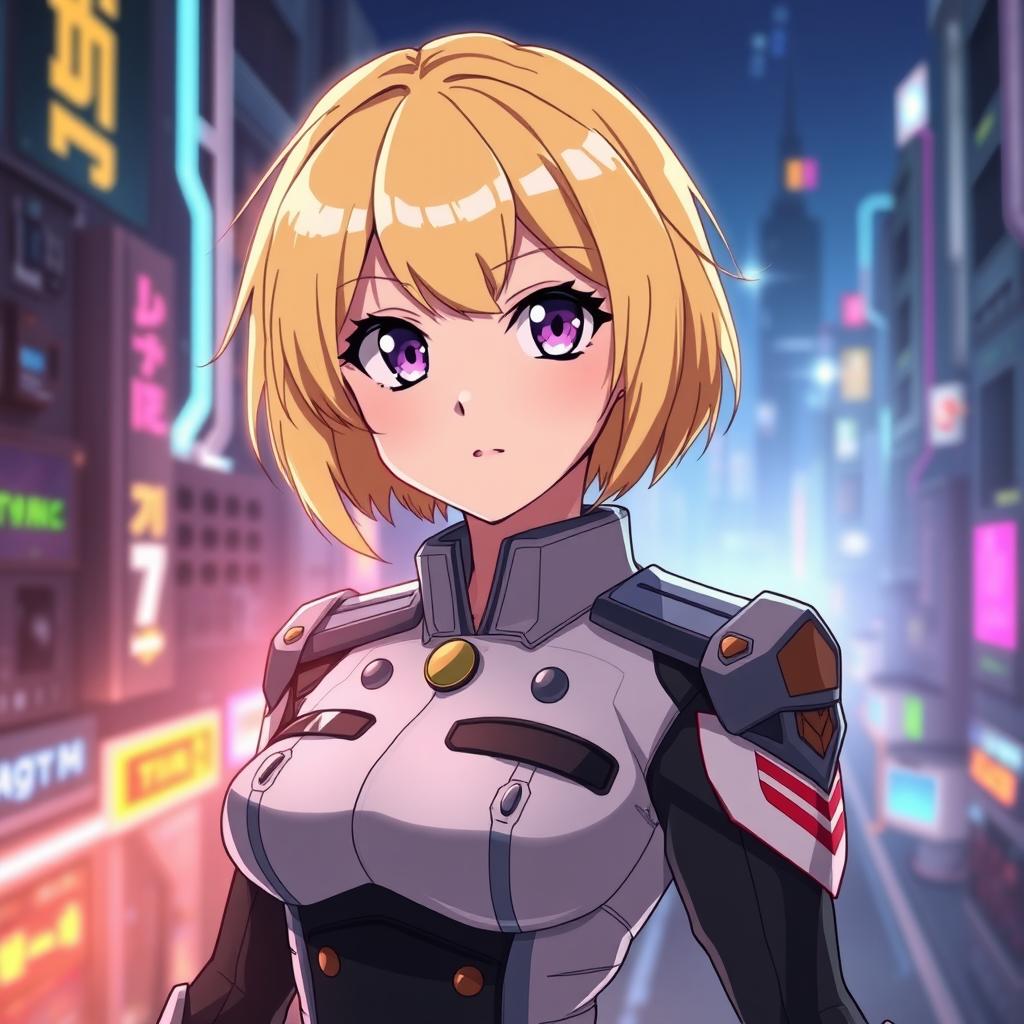 A female anime character with short blonde hair, wearing a fleet marine officer uniform, standing confidently with a determined look on her face