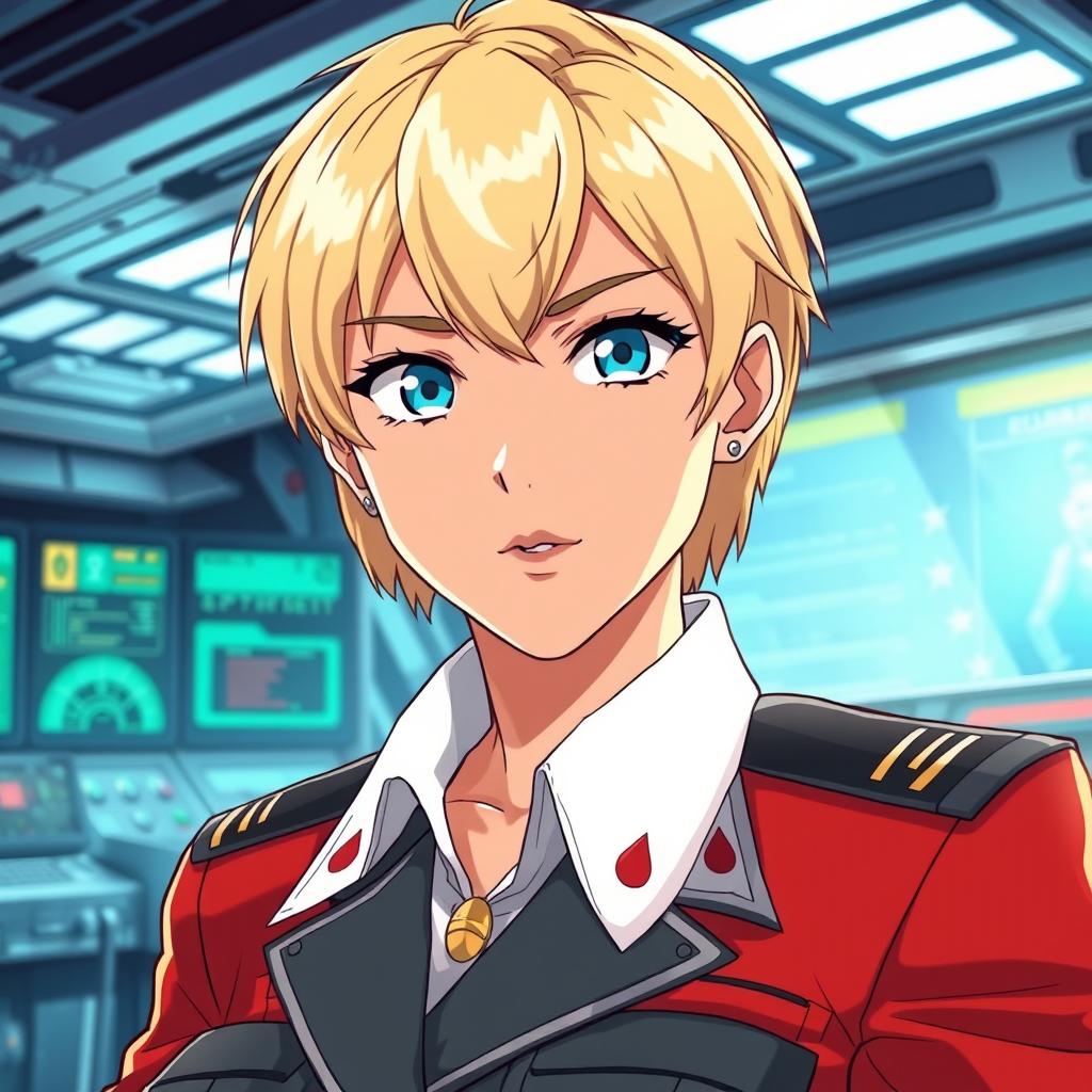 A female anime character with short blonde hair, portrayed as a middle-aged fleet marine officer