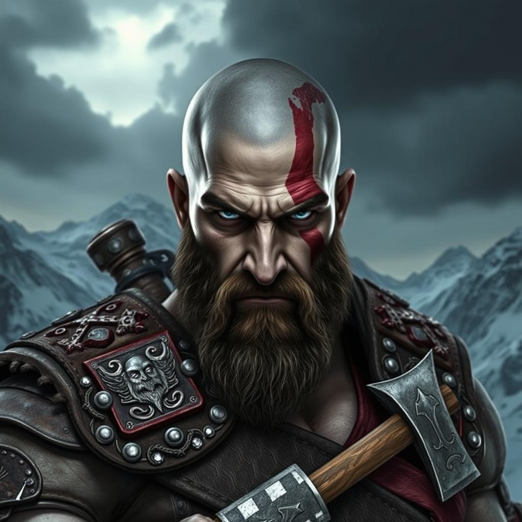 A person with a fierce expression resembling Kratos from the God of War series, featuring a detailed chiseled face with a battle-worn look