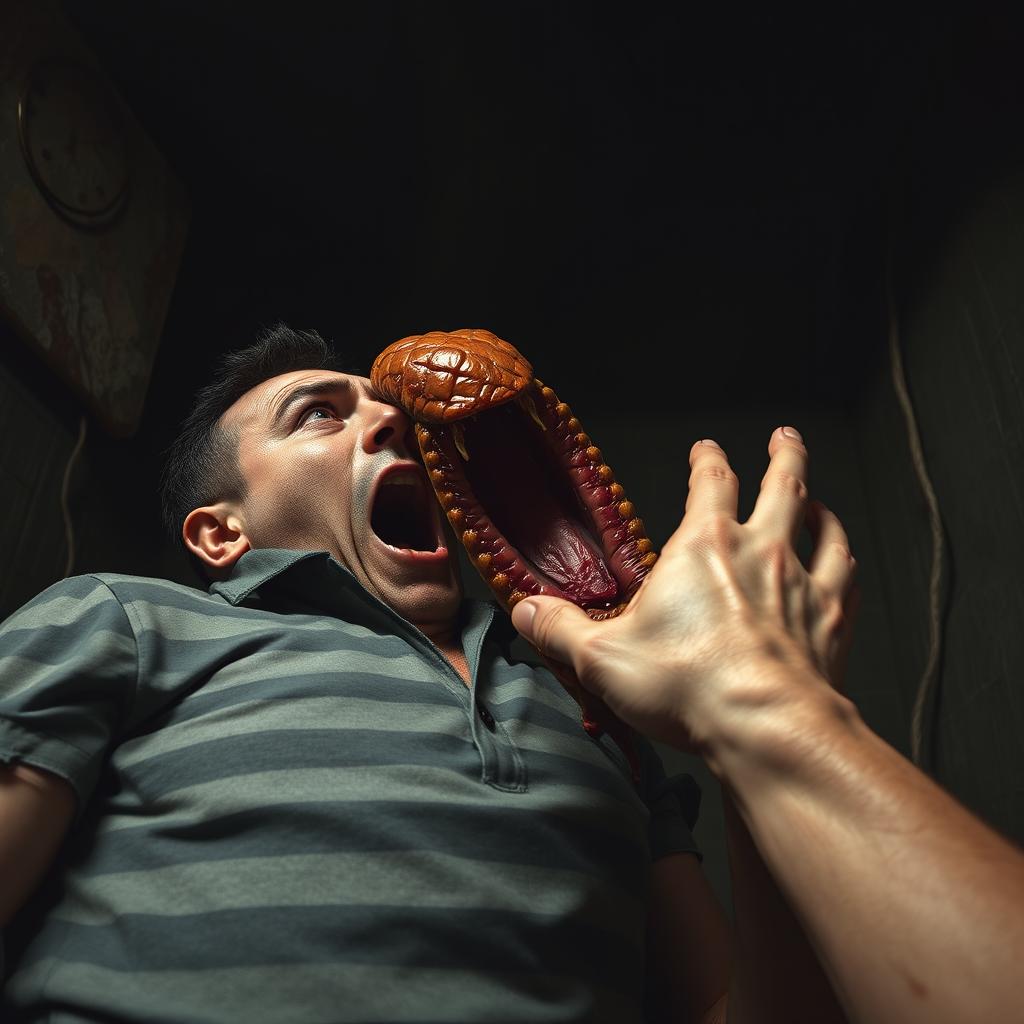 A leech-shaped worm with a textured, liver-like surface, featuring rich brown colors, is depicted aggressively attacking a human