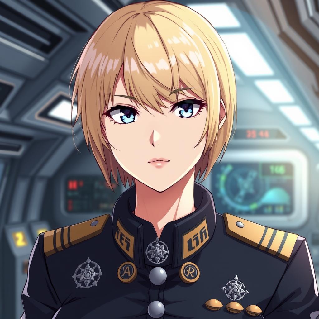 A female anime character with short blonde hair, portrayed as a middle-aged fleet marine officer