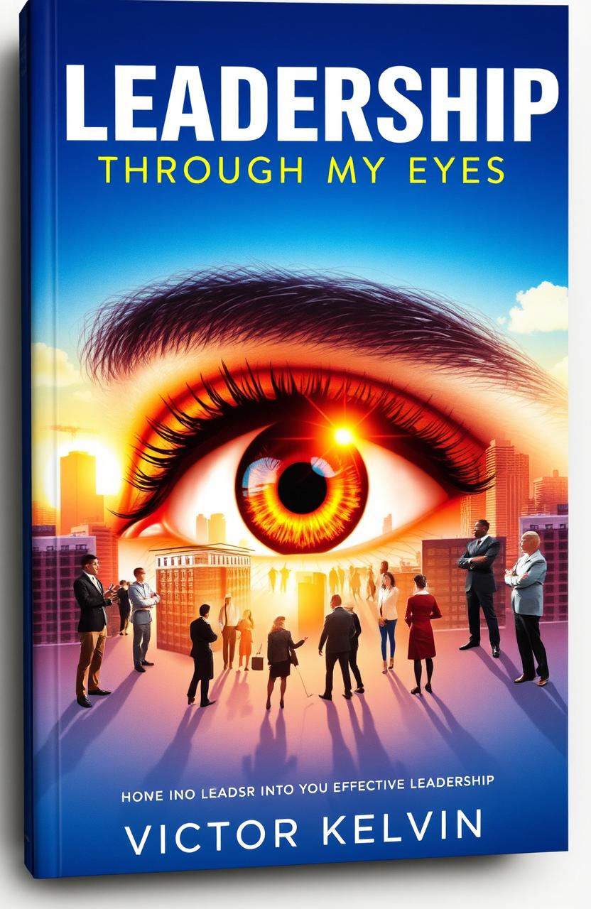 A striking book cover for 'Leadership Through My Eyes' by Victor Kelvin, featuring an expressive human eye at the center, reflecting a vibrant cityscape with diverse professionals engaging in teamwork and innovative discussions