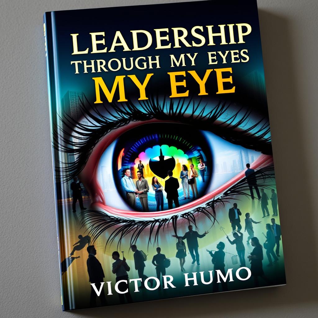 A captivating book cover for 'Leadership Through My Eyes' by Victor Mumo, featuring a close-up of a charismatic eye against a backdrop of a diverse group of leaders in action
