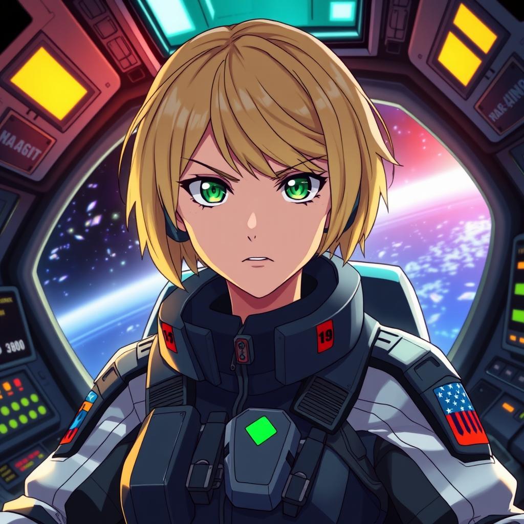A female anime character with short blonde hair, depicted as a middle-aged combat marine pilot