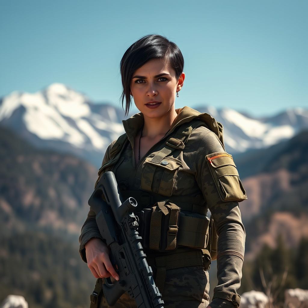 A fierce thirty-year-old female Spanish marine recon soldier with short black hair, wearing a tactical military uniform complete with a camouflage pattern