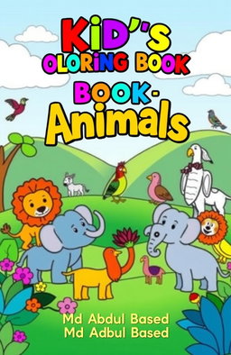 A vibrant, playful landscape as the background, filled with cartoon-style animals such as elephants, lions, and colorful birds, all outlined with thick black lines, designed for coloring