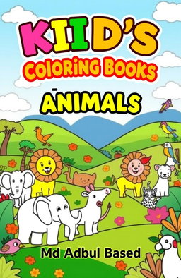 A vibrant, playful landscape as the background, filled with cartoon-style animals such as elephants, lions, and colorful birds, all outlined with thick black lines, designed for coloring