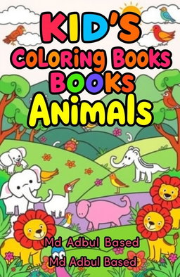 A vibrant, playful landscape as the background, filled with cartoon-style animals such as elephants, lions, and colorful birds, all outlined with thick black lines, designed for coloring