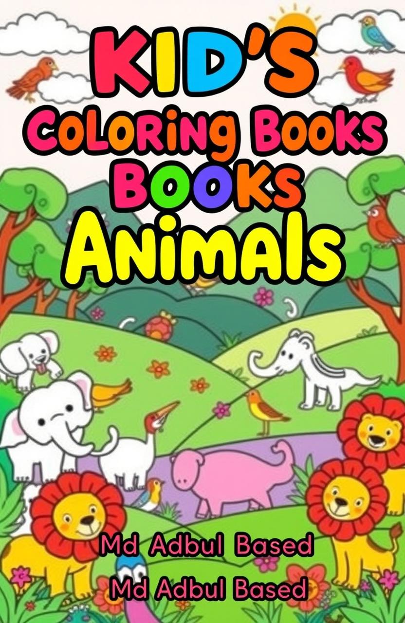 A vibrant, playful landscape as the background, filled with cartoon-style animals such as elephants, lions, and colorful birds, all outlined with thick black lines, designed for coloring