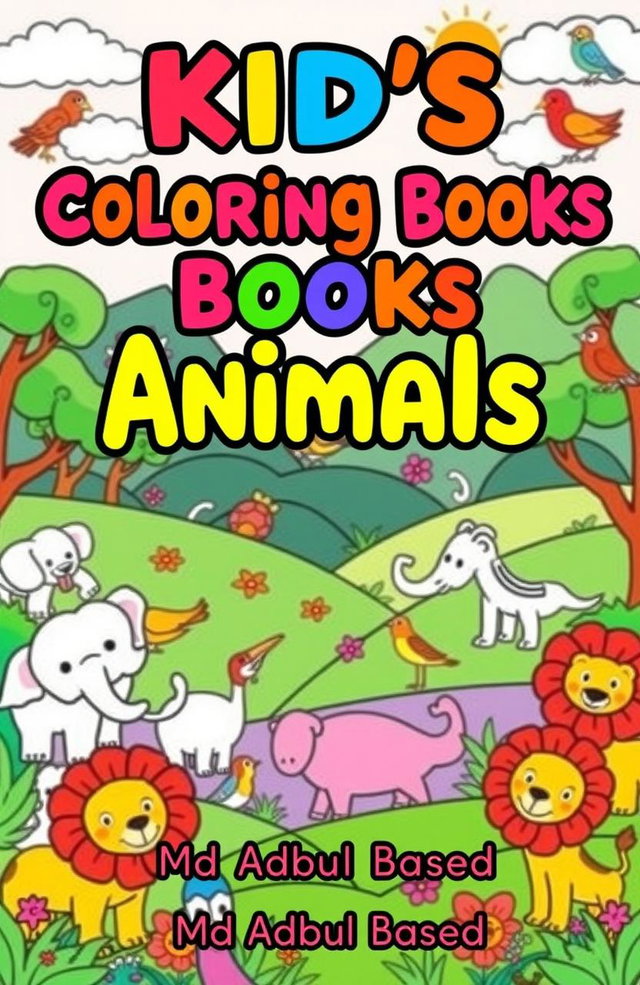 A vibrant, playful landscape as the background, filled with cartoon-style animals such as elephants, lions, and colorful birds, all outlined with thick black lines, designed for coloring