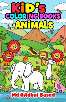 A vibrant, playful landscape as the background, filled with cartoon-style animals such as elephants, lions, and colorful birds, all outlined with thick black lines, designed for coloring