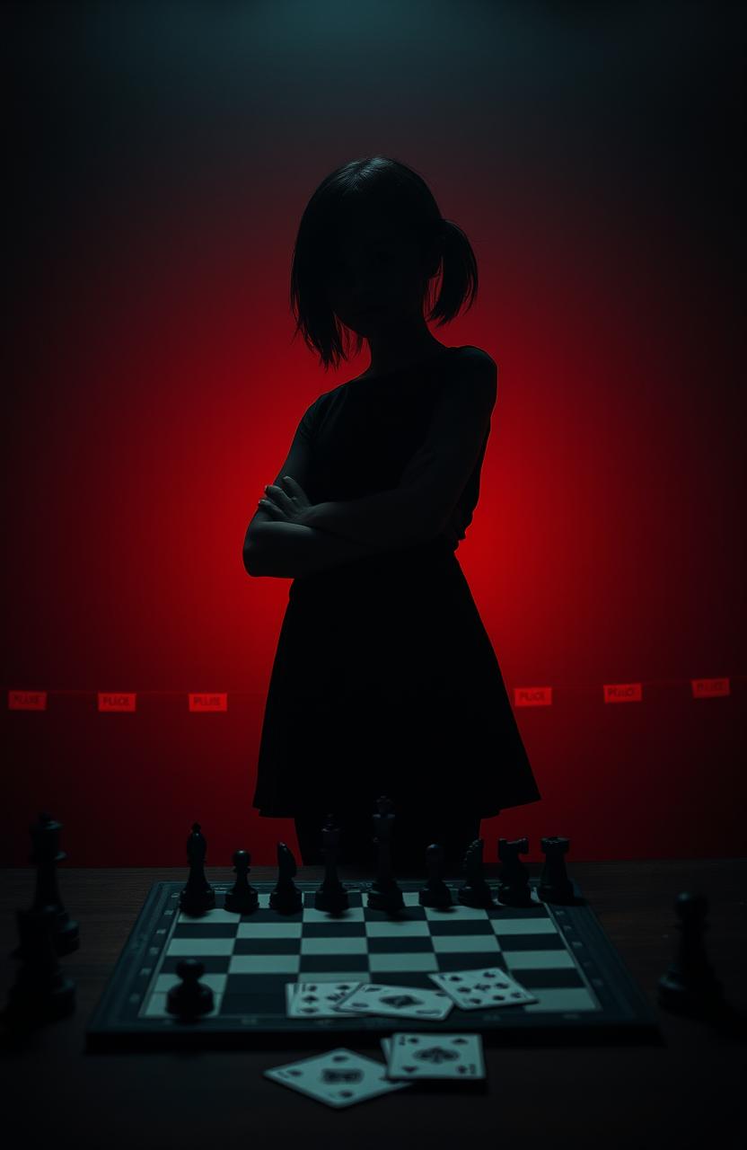 A shadowy figure of a boyish girl standing confidently with a chessboard and a deck of poker cards laid out on the table in front of her
