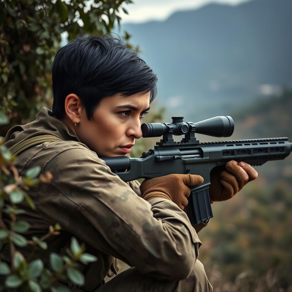 A skilled thirty-year-old female Spanish marine recon sniper soldier with short black hair, positioned in a tactical stance