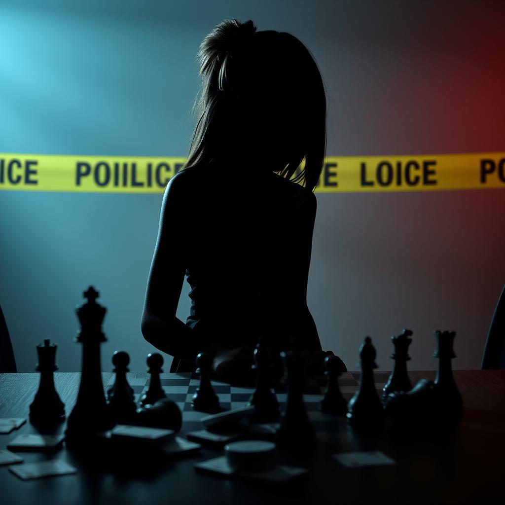 A shadowy, enigmatic figure of a boyish girl, immersed in thought as she contemplates her next move in a game of chess, surrounded by scattered poker cards on a table