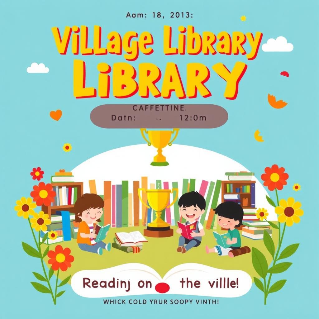 A vibrant and engaging poster for a village library competition, featuring a colorful background with books, a cozy reading nook, and children happily reading and participating in fun activities