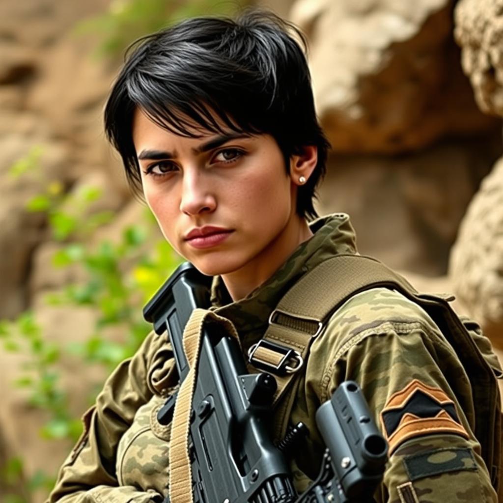 A thirty-year-old female Spanish marine recon sniper soldier with short black hair, standing tall and confident