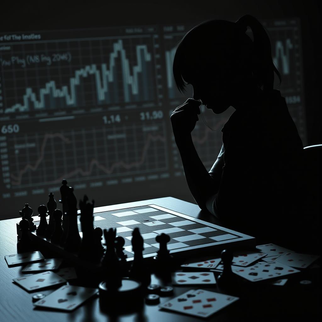 A shadowy silhouette of a boyish girl, poised with an intense expression as she studies a chessboard covered in strategic pieces