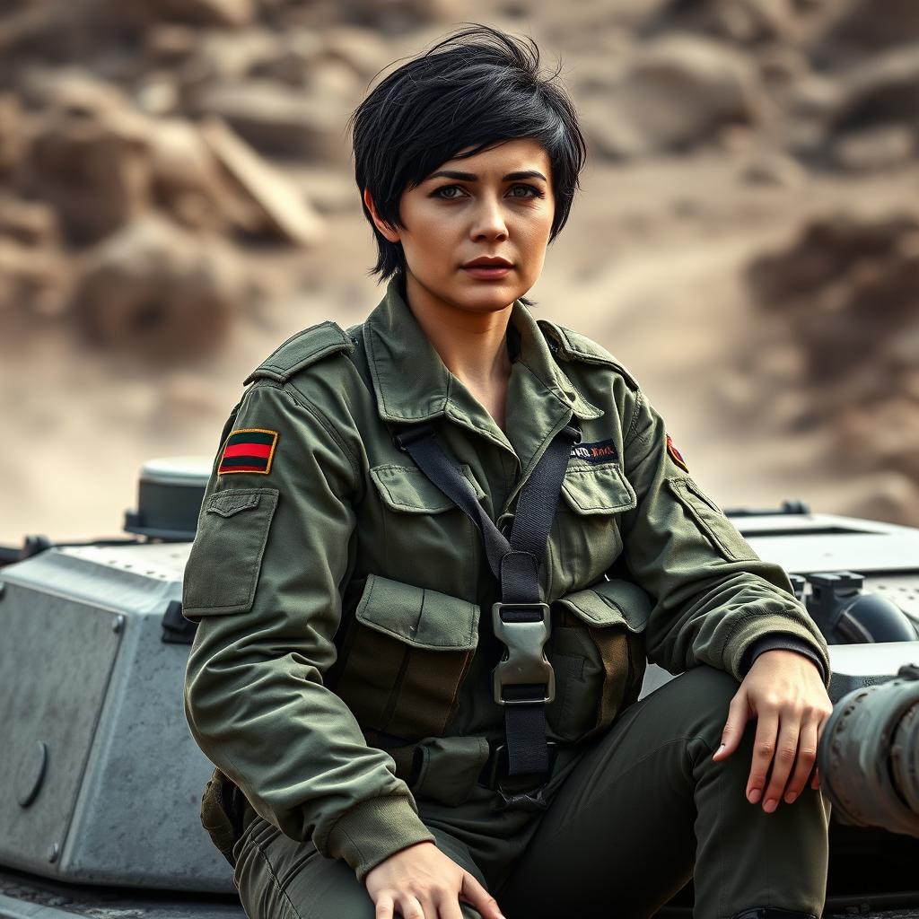 A thirty-year-old female Italian marine tank commander with short black hair, confidently sitting on the side of a tank