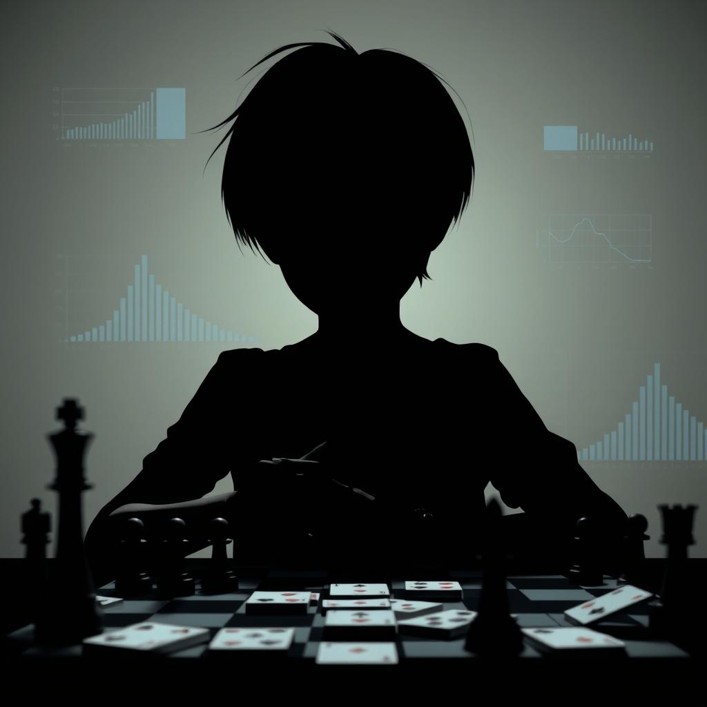 A shadowy figure of a boyish girl with short, boy-like hair, deeply engrossed in a strategic game of chess, her silhouette sharp and defined against a muted background