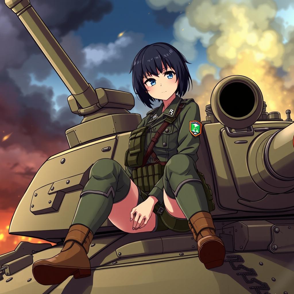 An anime-style illustration of a thirty-year-old female Italian marine tank commander with short black hair, depicted in full-body view as she confidently sits on the side of a tank