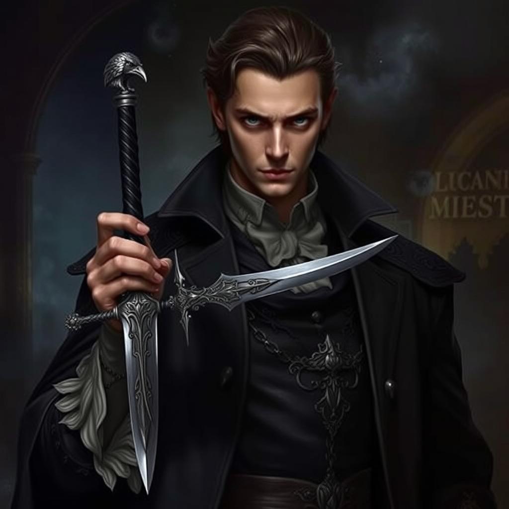 A realistic portrayal of Lucanis Dellamorte, an enigmatic character clad in dark, ornate clothing, standing confidently with a striking crow-themed dagger displayed prominently in his hand