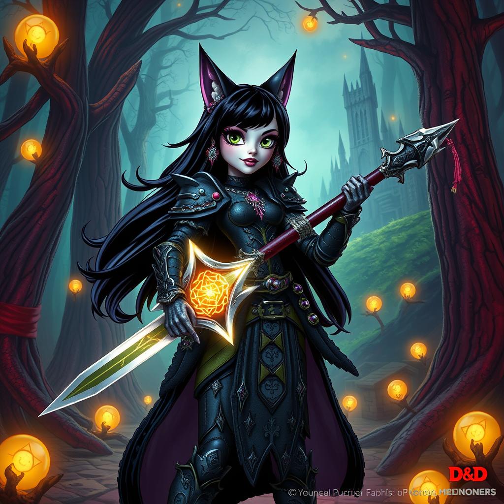 A fantastical scene featuring Catty Noir from Monster High as a powerful D&D character, dressed in an elaborate dark armor embellished with gothic patterns and mystical symbols