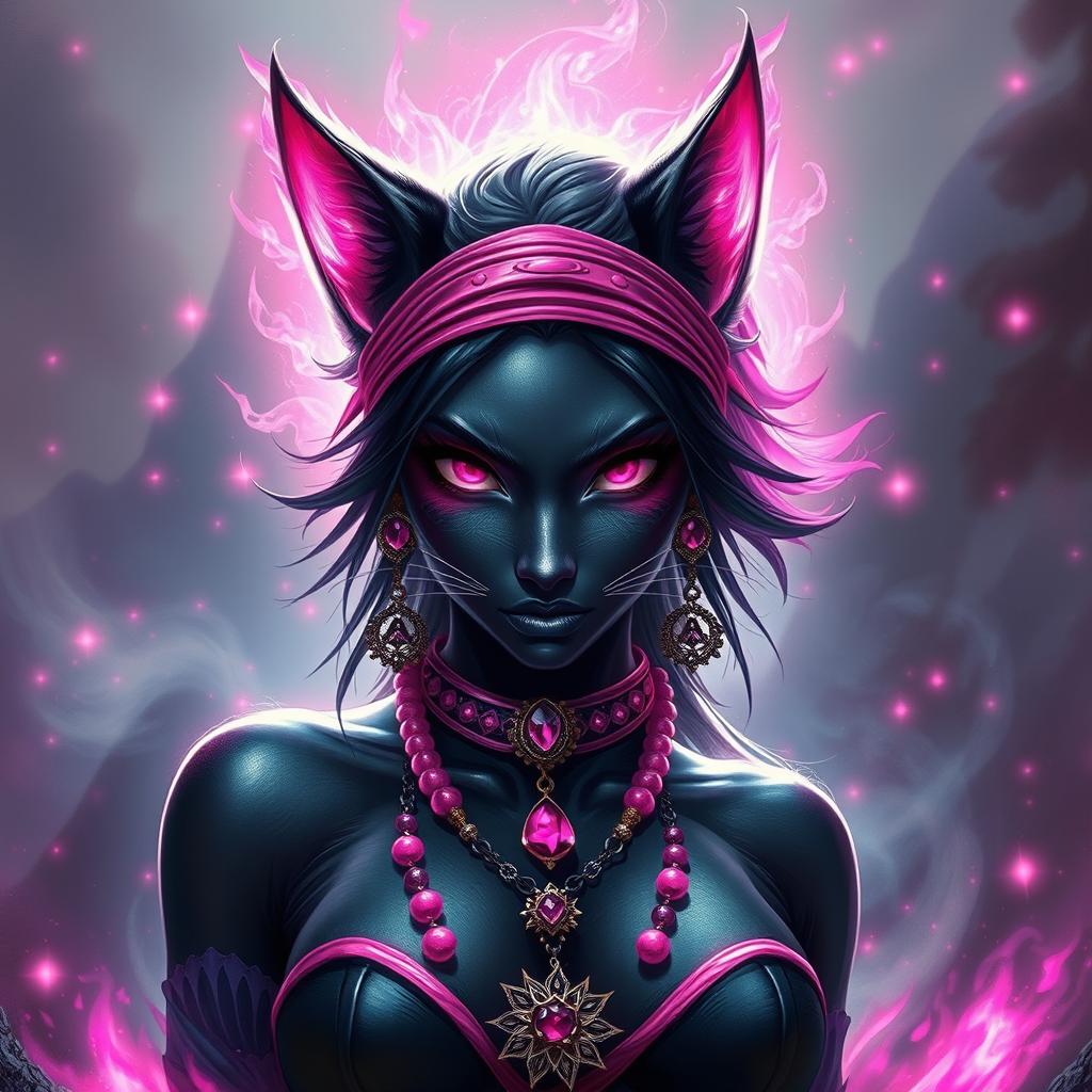 A powerful fantasy scene featuring a badass woman with cat ears, displaying her striking black skin and sleek black fur