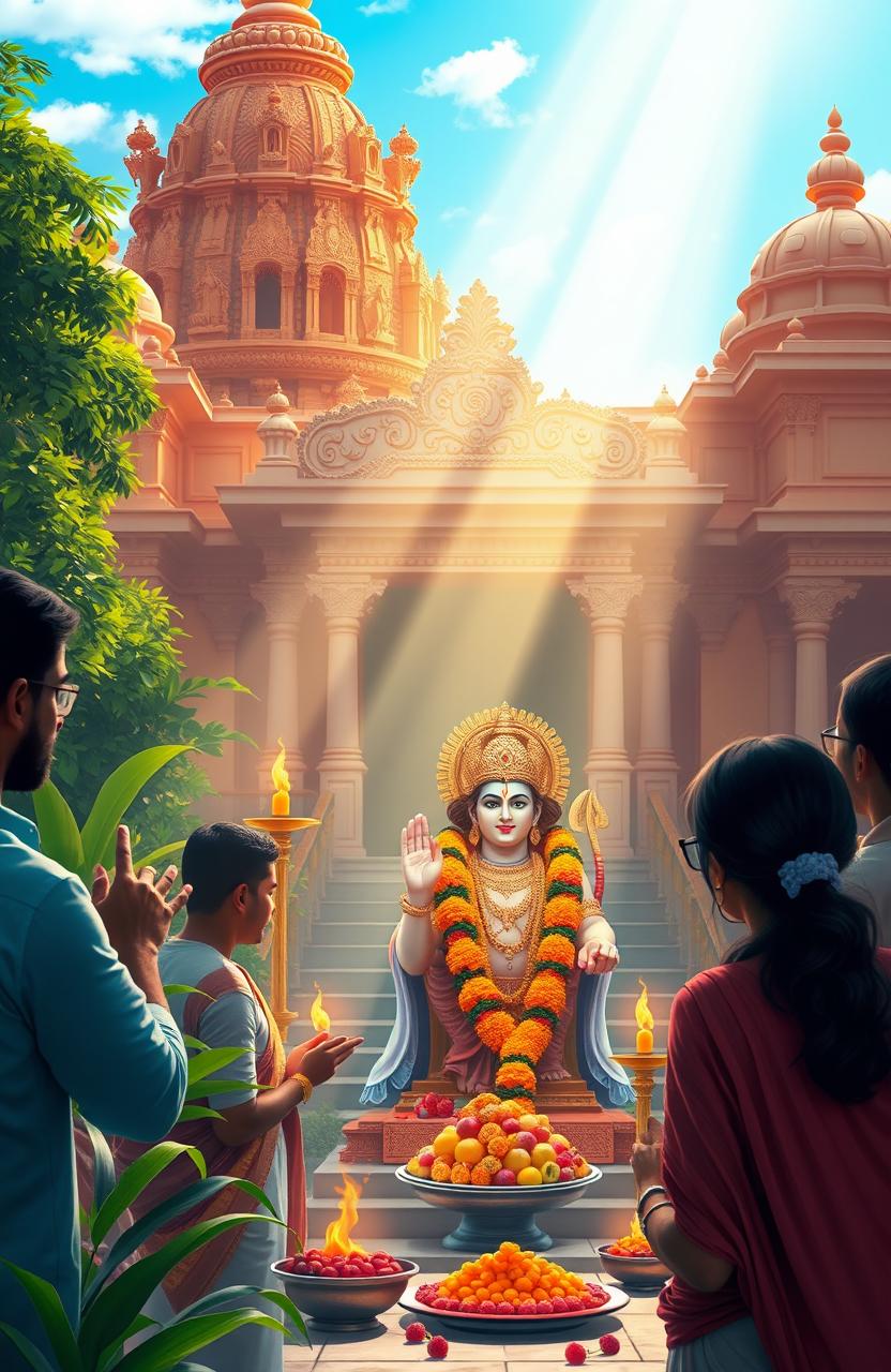 Beautiful and serene depiction of a traditional Hindu temple celebrating Shri Ram, surrounded by lush green gardens and a clear blue sky