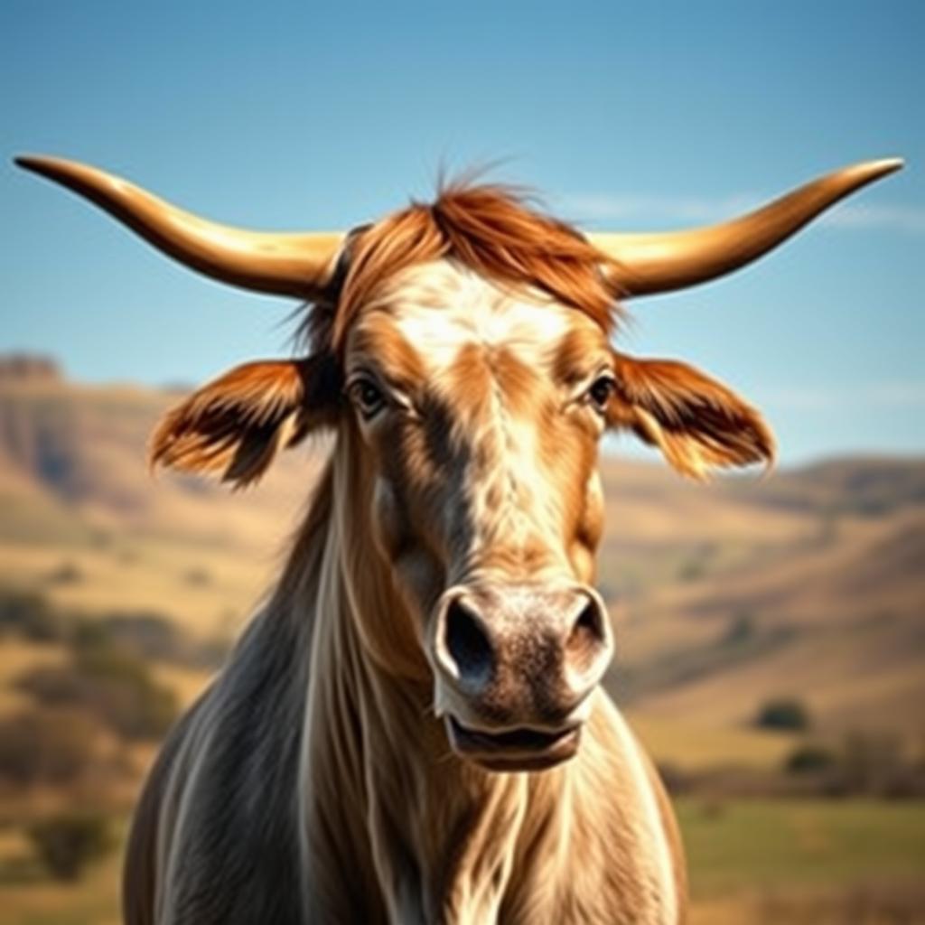 A unique creature featuring the face of a Taurus bull combined with the head of a horse, showcasing a harmonious blend of features from both animals